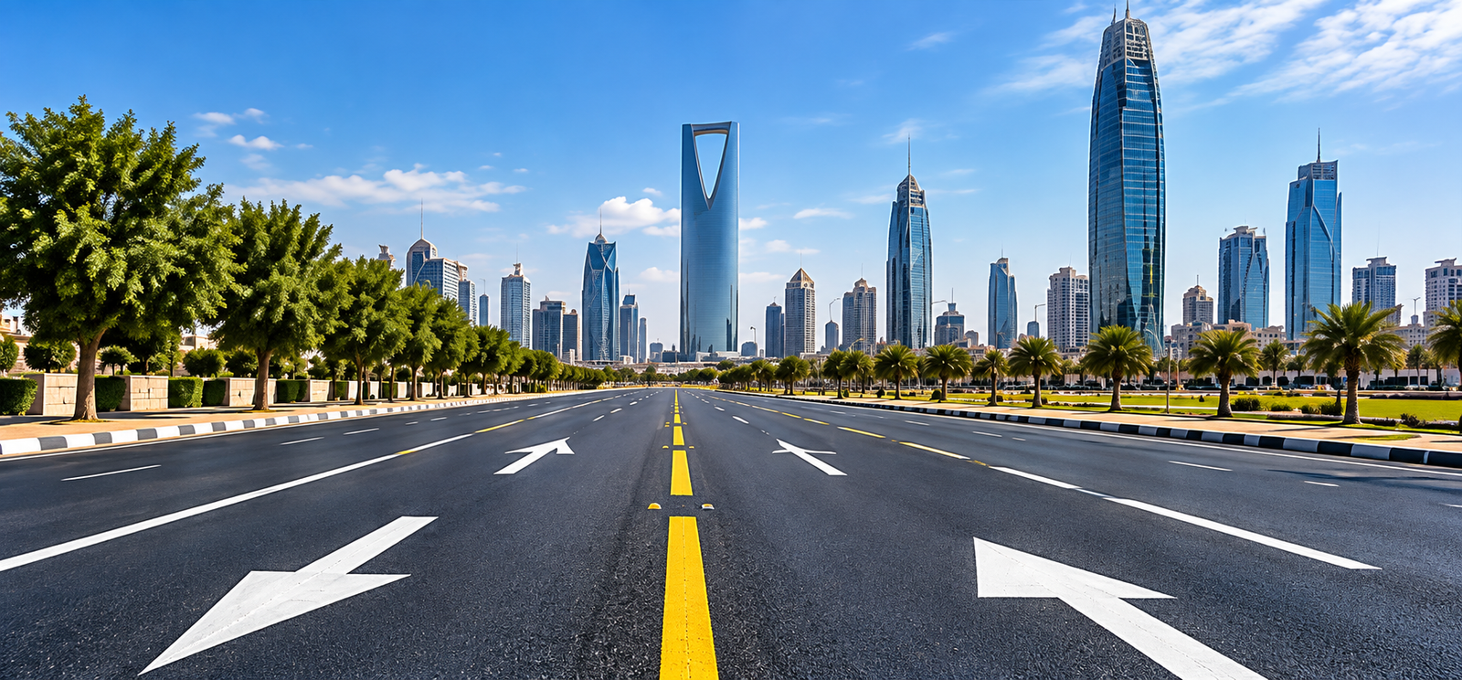 تخطيط الطرق بالرياض والعلامات المرورية على طريق أسفلتي